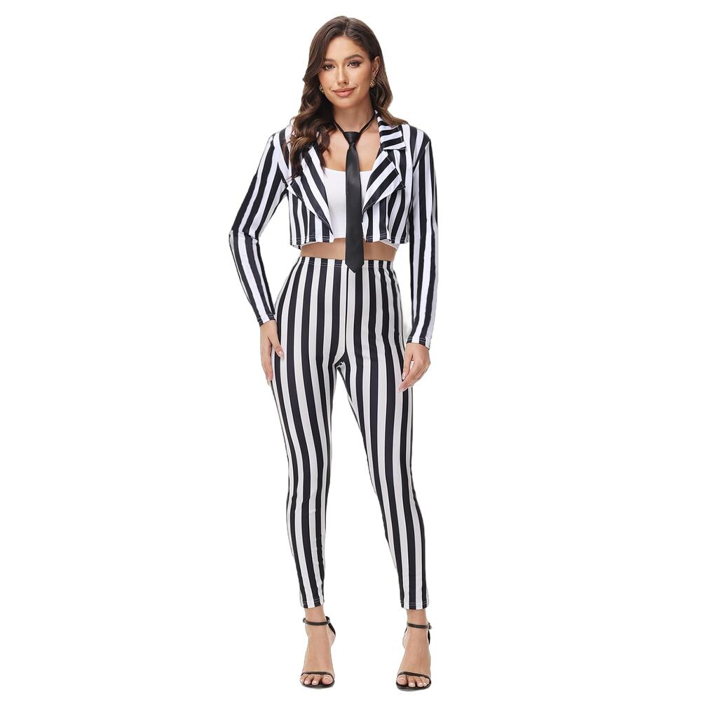 Womens Black White Striped Pinstripe Blazer Pants Suit Set Cosplay Halloween XS